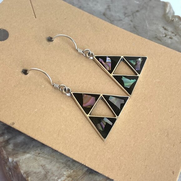 Sterling Silver 925 Southwest Style Abalone Inlay Triangle Dangle Drop Earrings - Picture 4 of 15